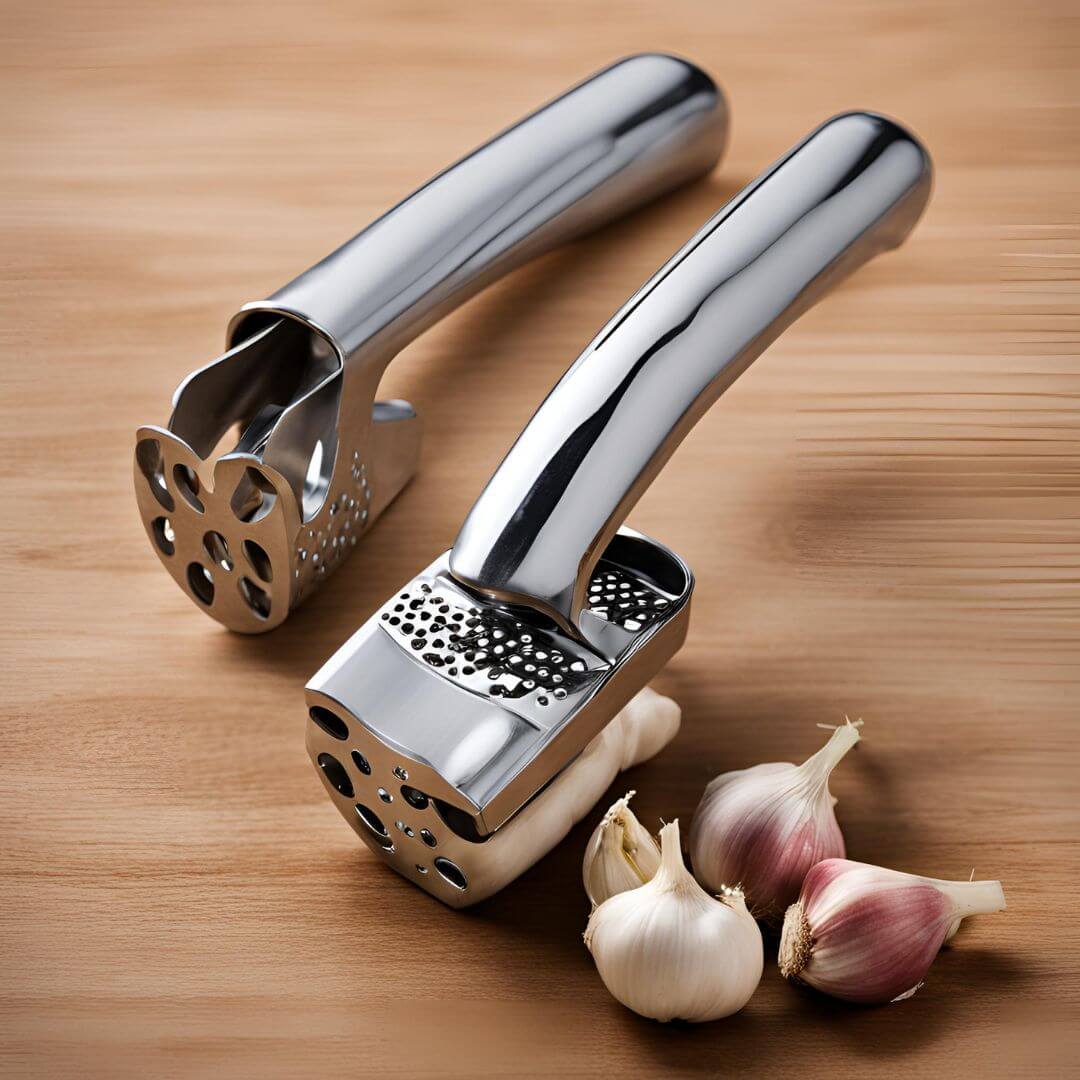 Comparing garlic presses on a kitchen counter, showcasing different designs and features for selecting the perfect one