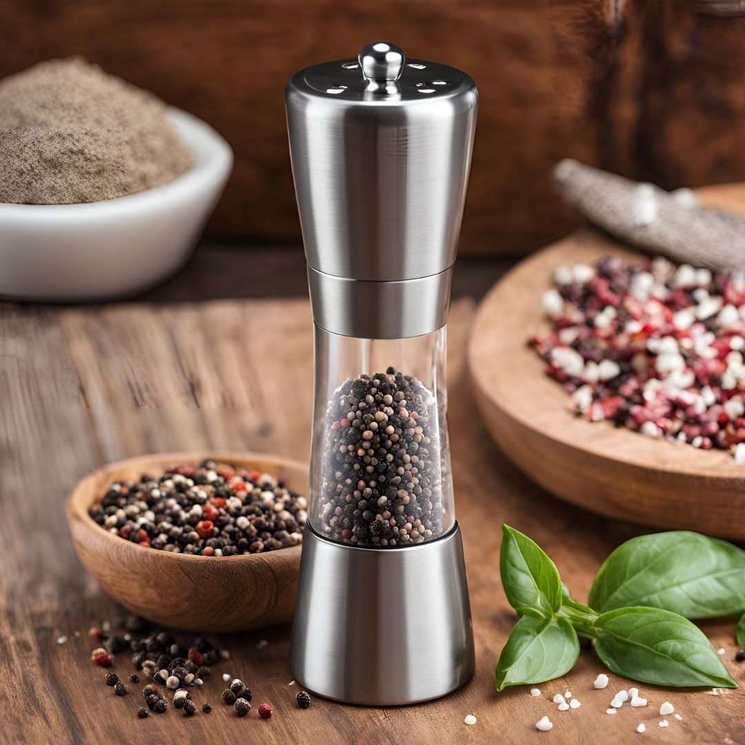 Salt and pepper grinder with adjustable settings and clear body, showcasing kitchen essentials