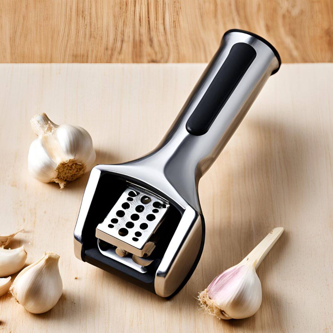 Demonstrating how to clean and maintain a garlic press, showing rinsing under running water and using a cleaning tool for thorough maintenance