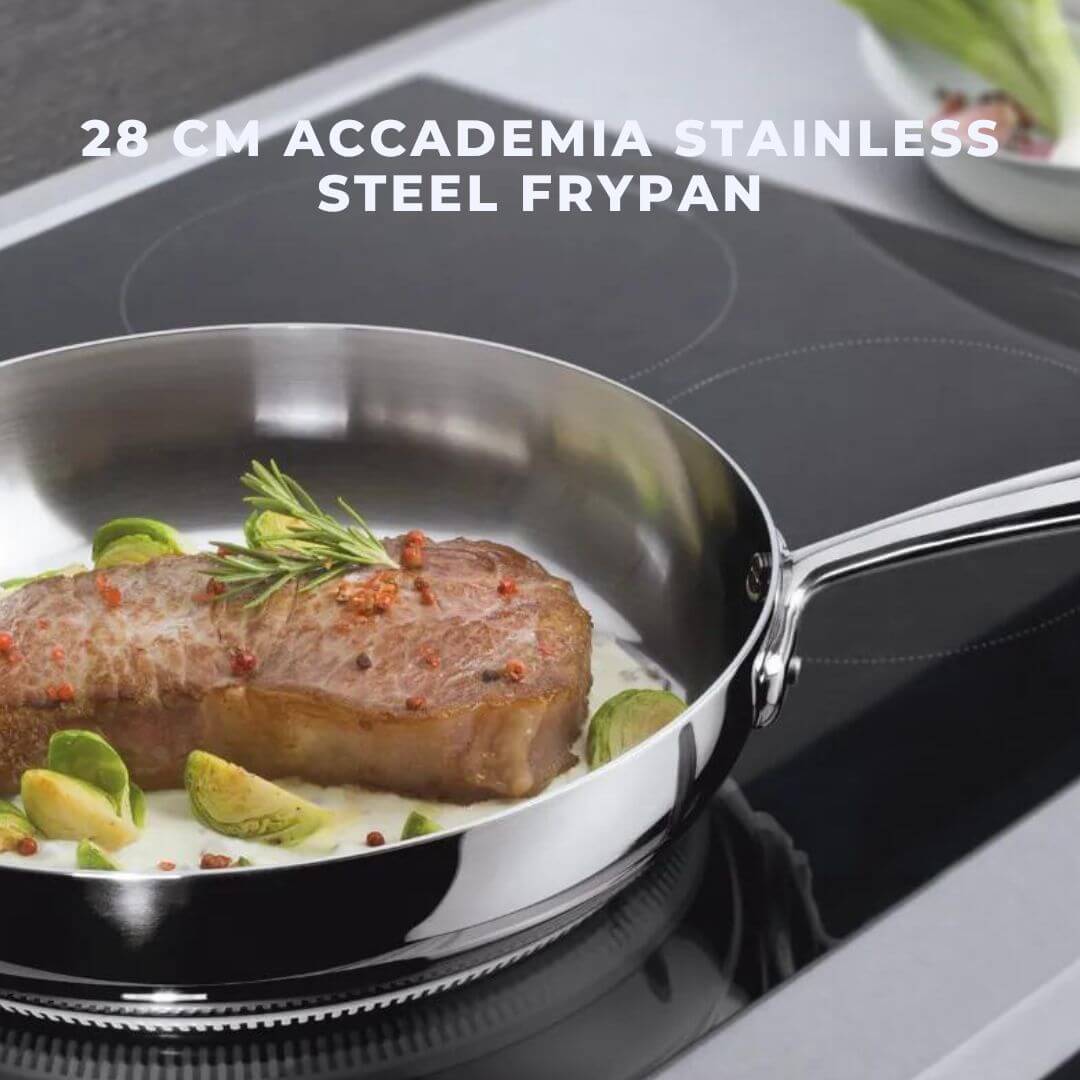 28 cm Accademia stainless steel frypan placed on a kitchen counter