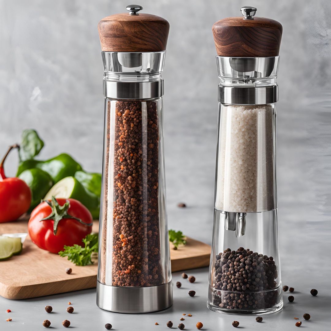 Close-up of a sleek, modern salt and pepper grinder on a wooden table