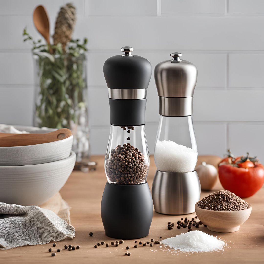 Close-up of a black salt and pepper grinder with visible peppercorns and sea salt inside