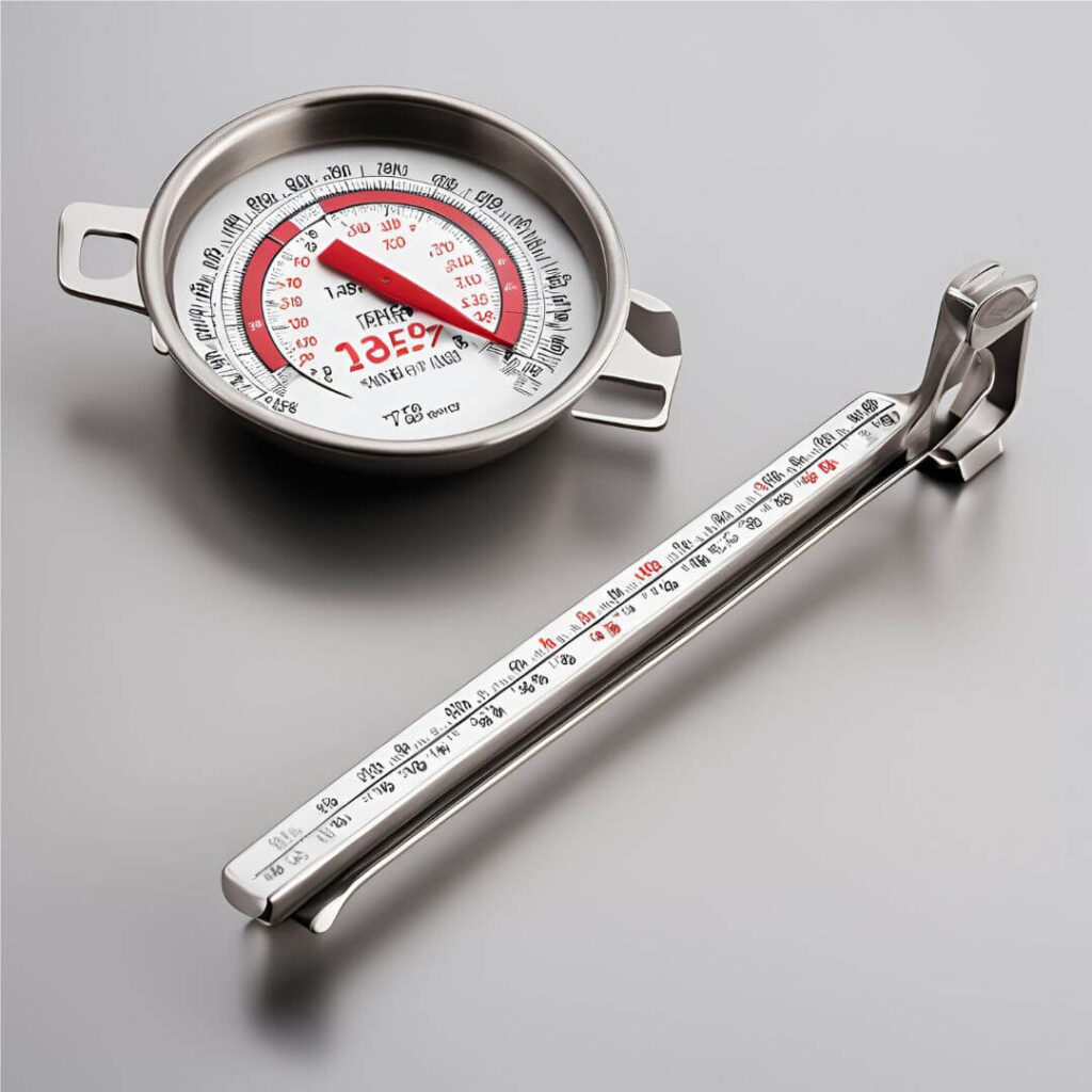 Close-up of a candy/deep fry thermometer measuring hot liquid in a saucepan