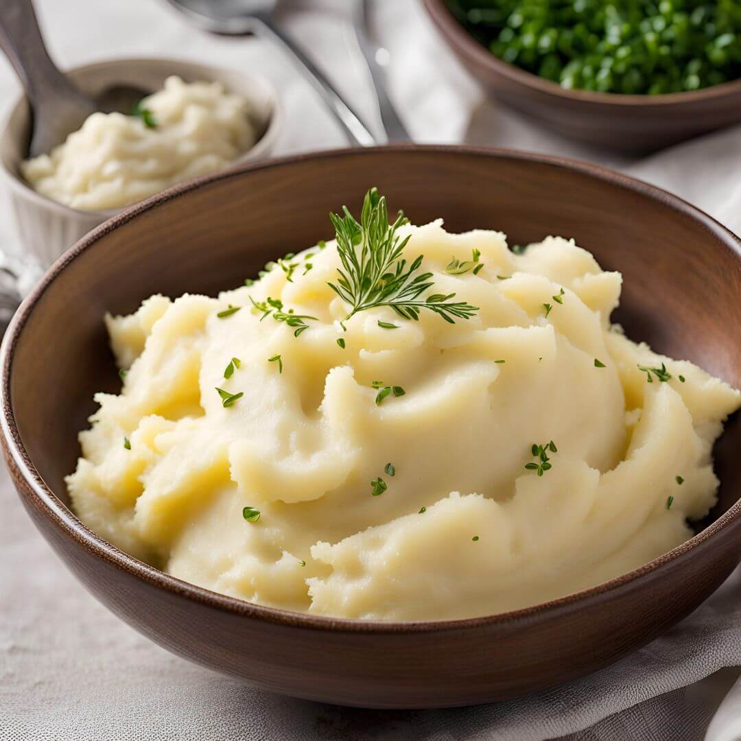 A bowl of creamy, fluffy mashed potatoes garnished with fresh parsley and a pat of melting butter.