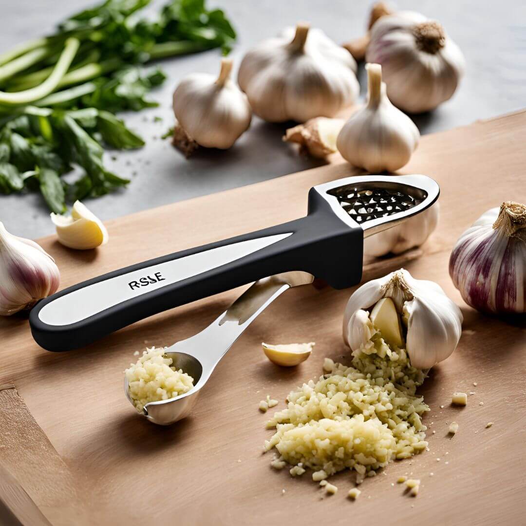 Rösle Garlic Press with Scraper: A stainless steel kitchen tool with integrated scraper for efficient garlic preparation