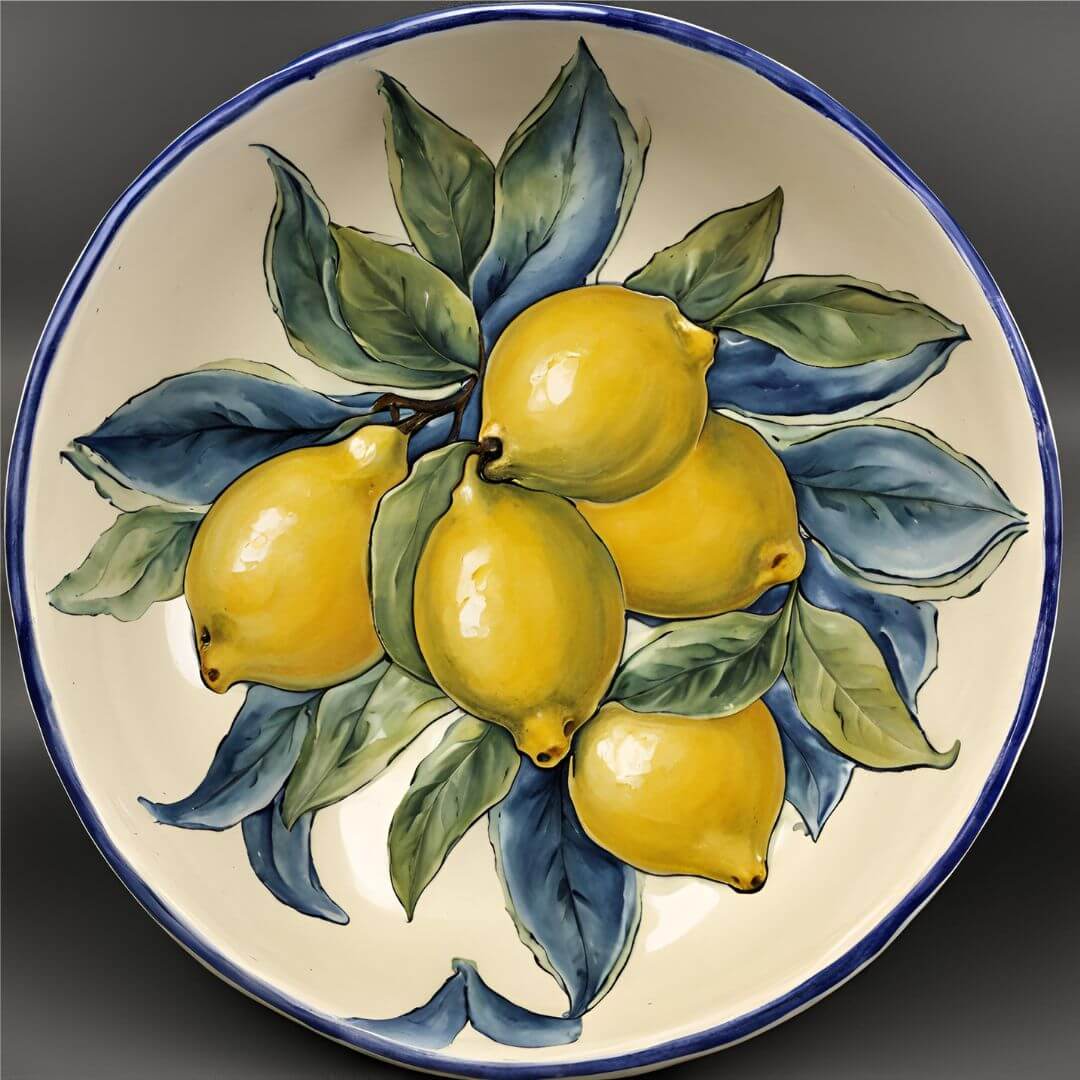 Italian ceramic serving bowl adorned with lemon-themed art pottery design