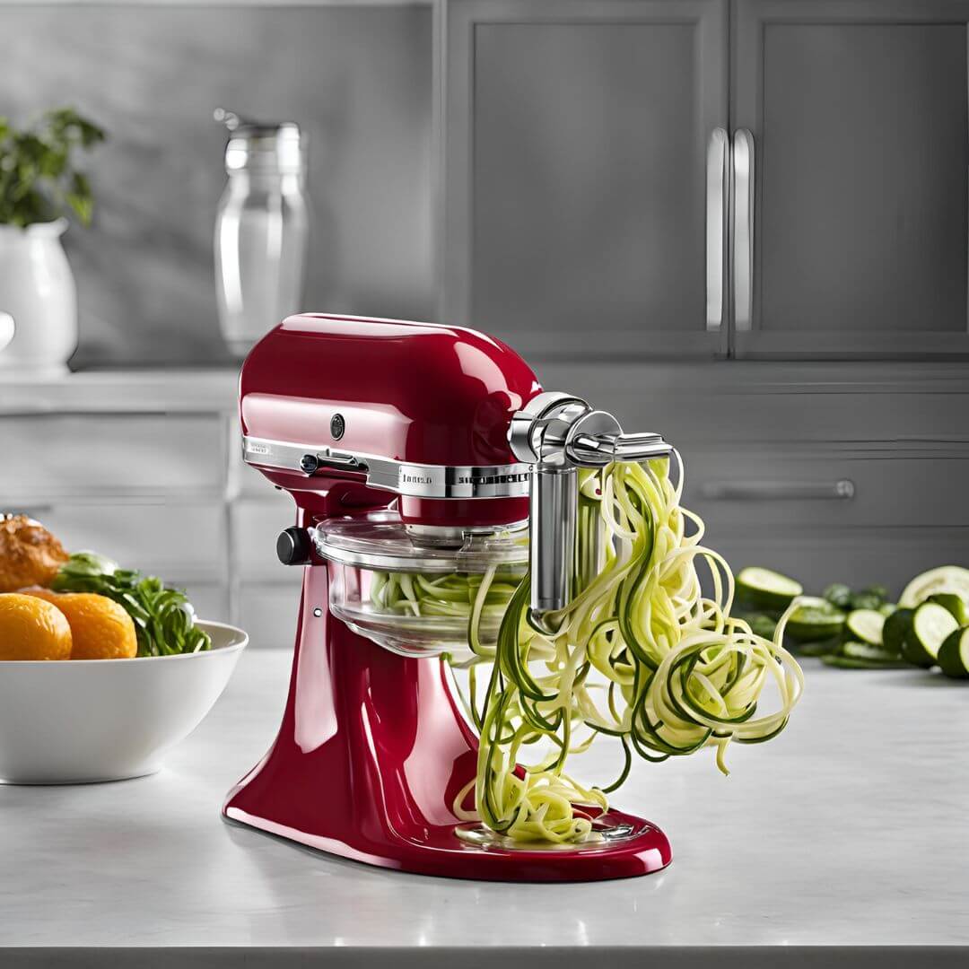 KitchenAid mixer with the Spiralizer attachment, ideal for spiralizing vegetables and fruits to create noodles, ribbons, and slices for healthy and creative dishes.