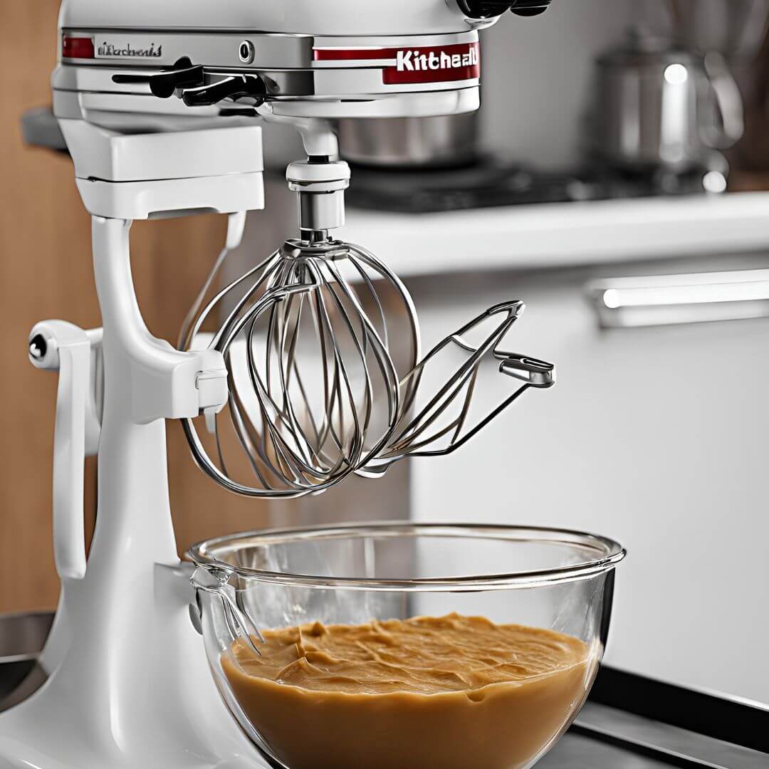 KitchenAid mixer with the Flat Beater attachment, perfect for mixing and creaming ingredients like butter and sugar to achieve a light and fluffy consistency.