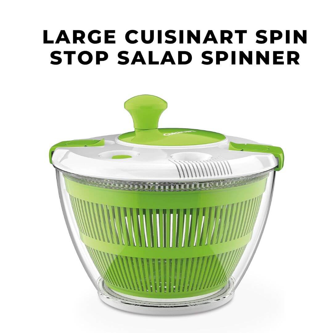 Large Cuisinart Spin Stop Salad Spinner on a wooden kitchen table