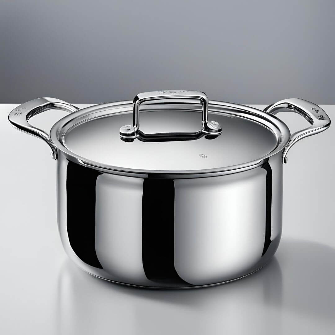 Rösle Sauce Pan: A stainless steel cooking pot with handle and lid for preparing sauces and soups