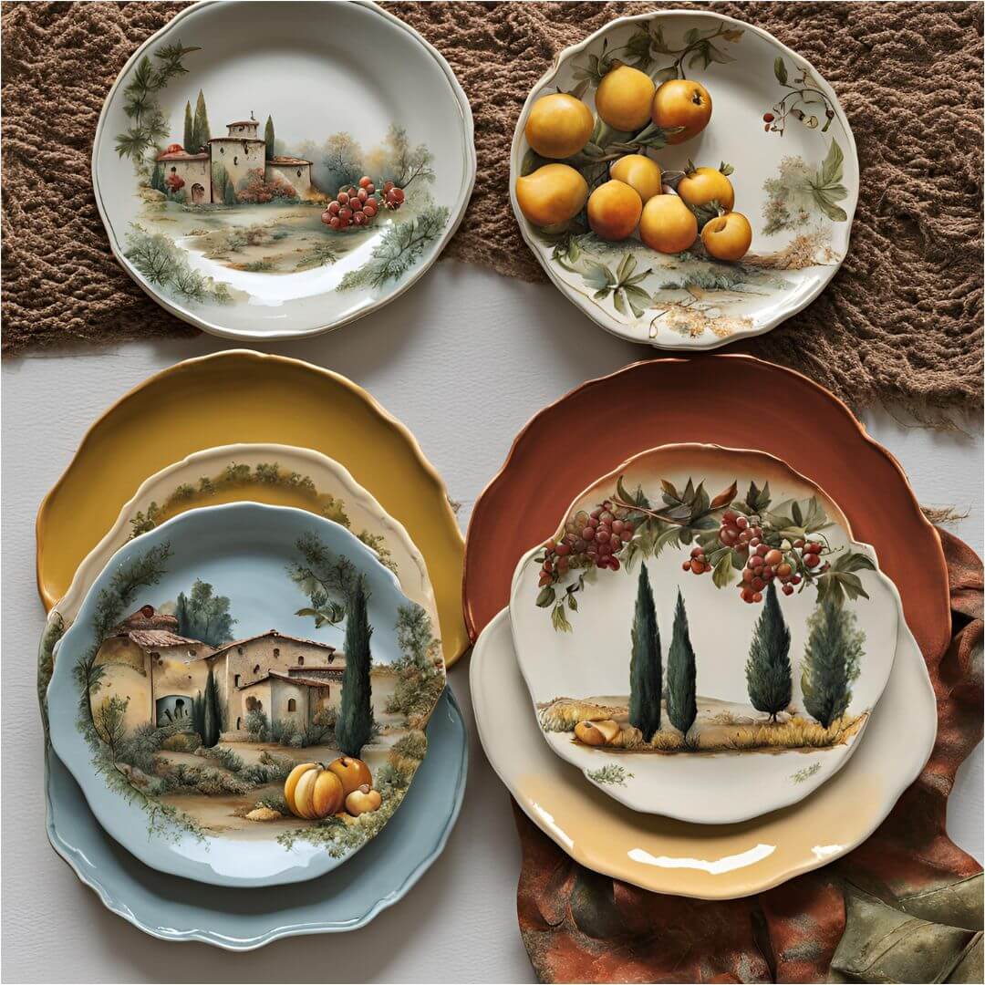 A seasonal display featuring Tuscany Plates paired with seasonal accents such as pumpkins and autumn leaves, adding warmth and charm to the decor