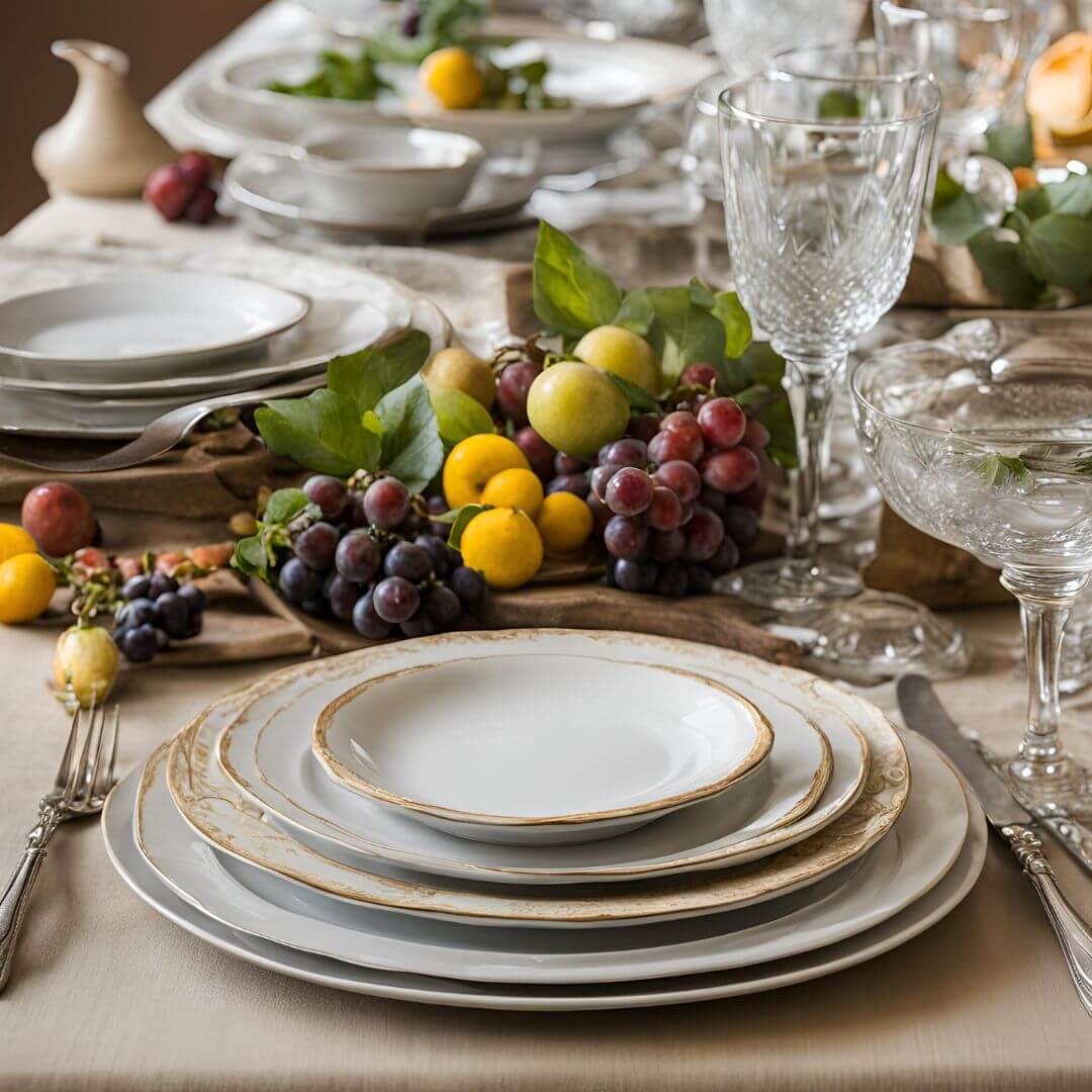 A beautifully set dining table featuring Tuscany Plates, complemented by coordinating dinnerware and linens, creating an inviting and elegant atmosphere