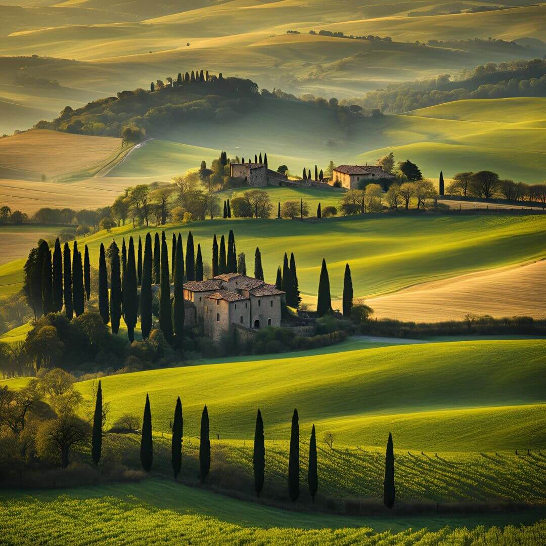 Scenic landscape of Tuscany with rolling hills, vineyards, and cypress trees under a blue sky