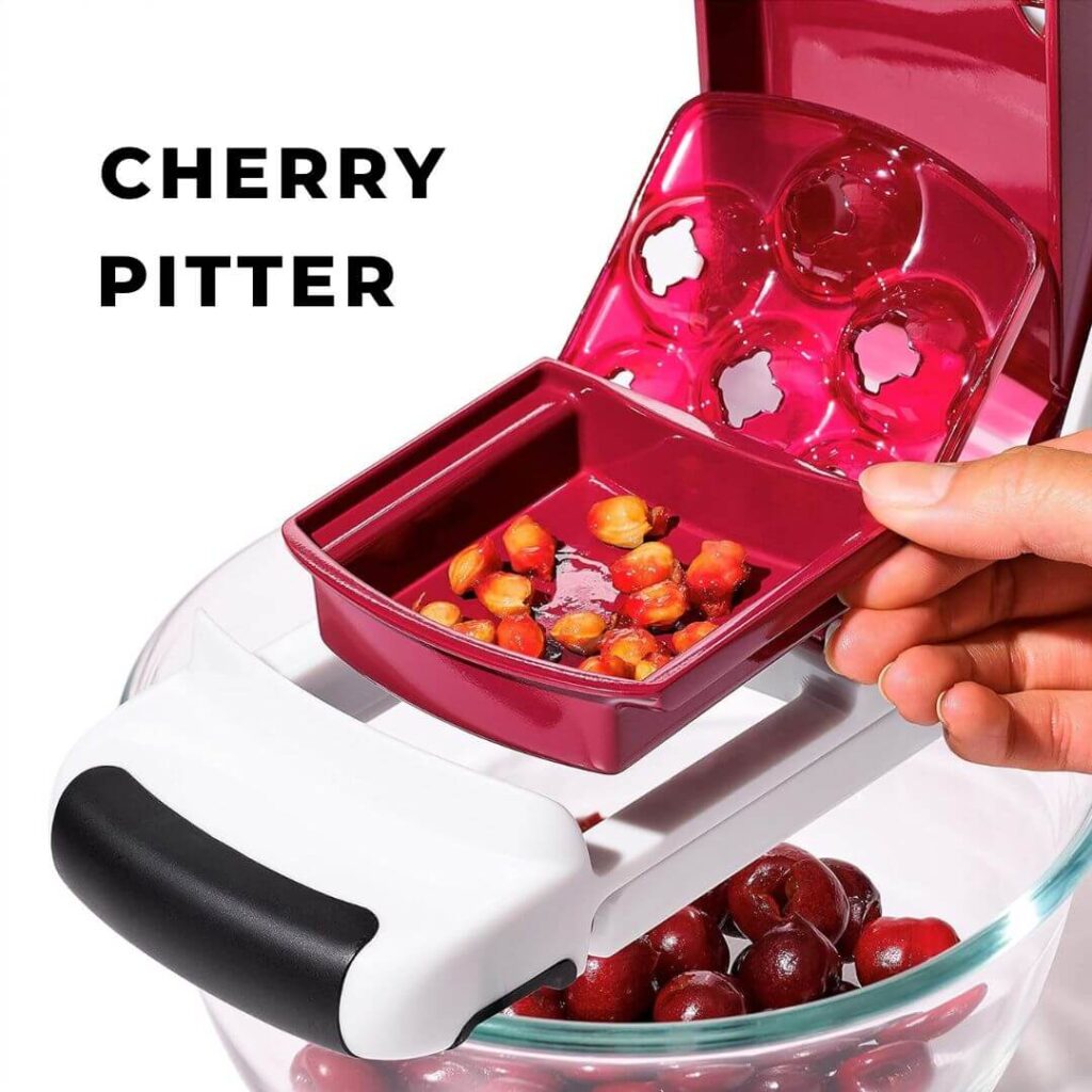 Image of a cherry pitter, a kitchen tool designed to quickly and efficiently remove pits from cherries.