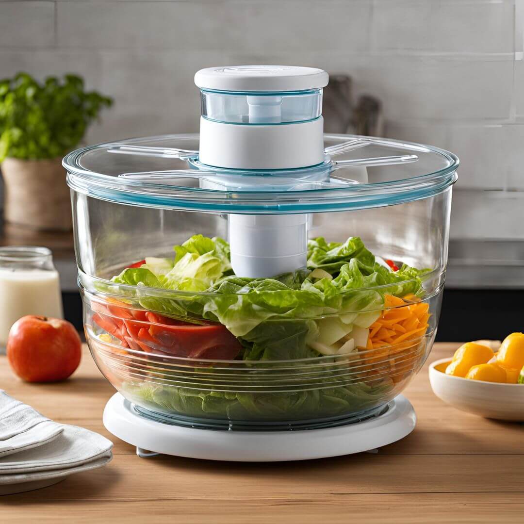 Glass salad spinner on a kitchen countertop