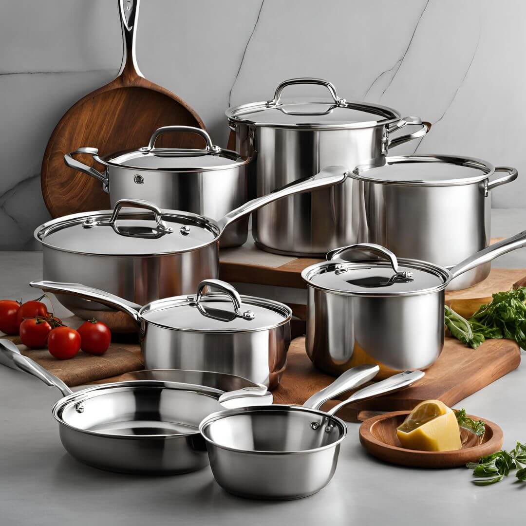 Elegant and durable made in Italy stainless steel cookware set displayed on a kitchen counter.