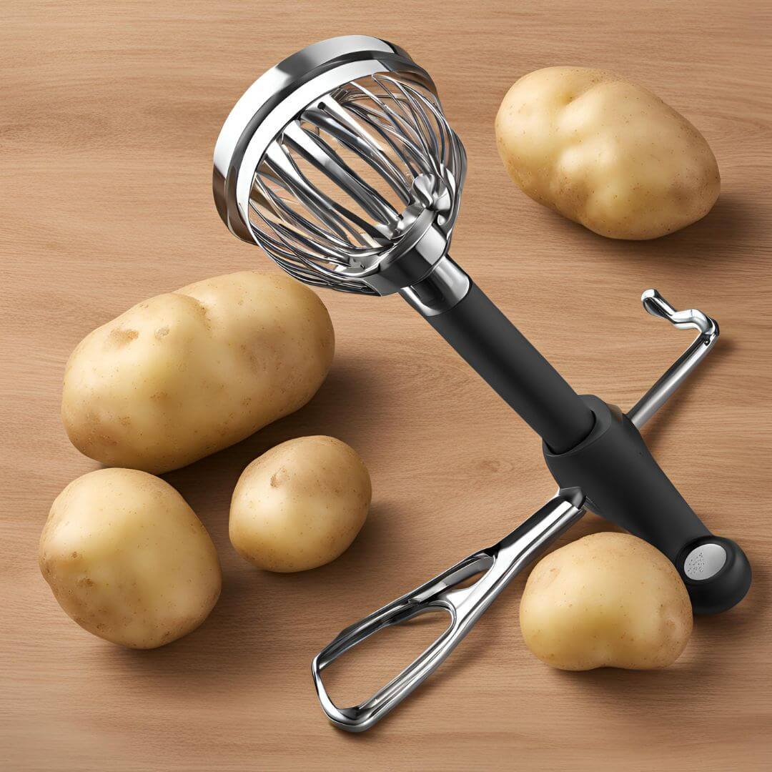 Stainless steel potato masher with black handle, ideal for making creamy mashed potatoes