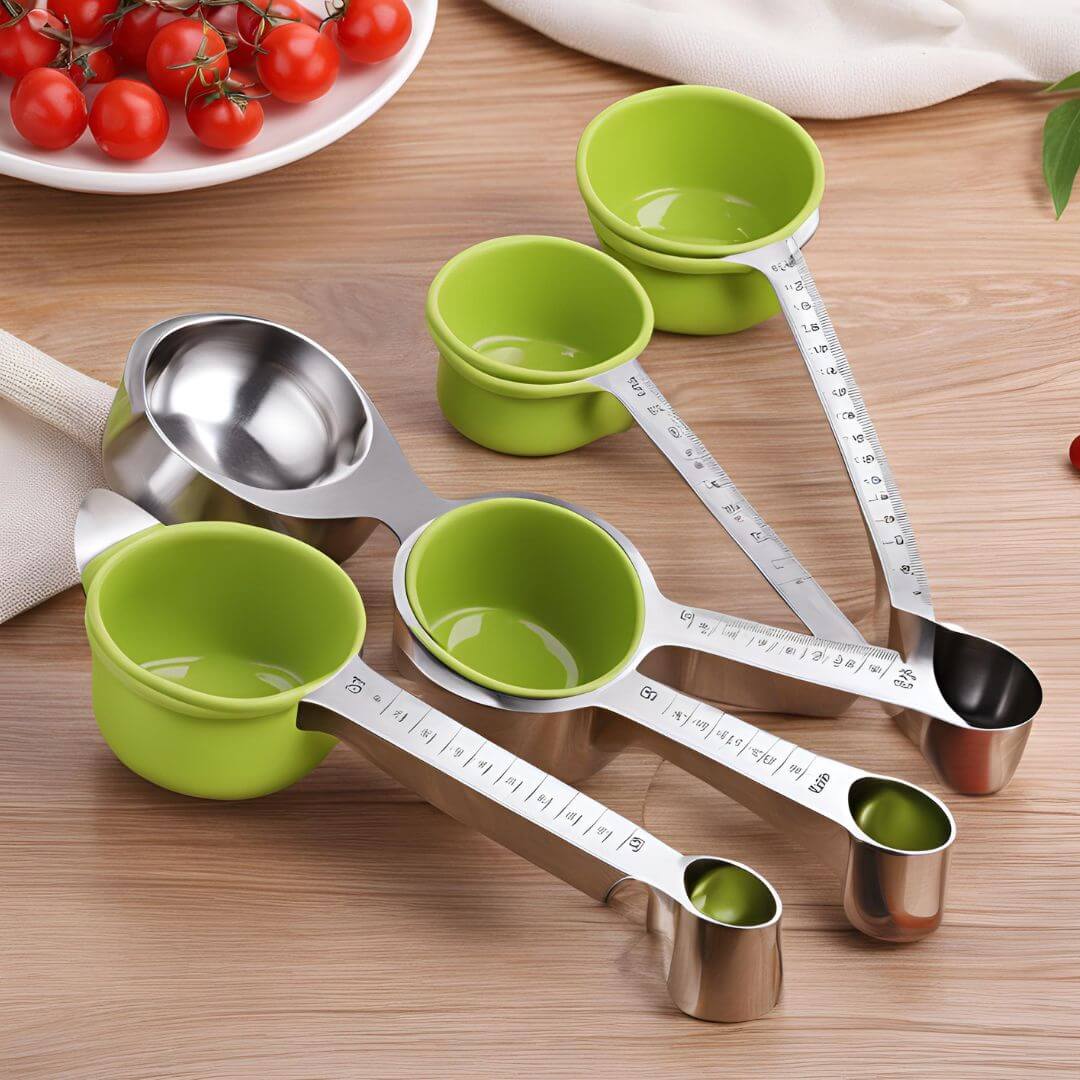 Assorted measuring cups and spoons set, essential kitchen tools for accurate recipe preparation