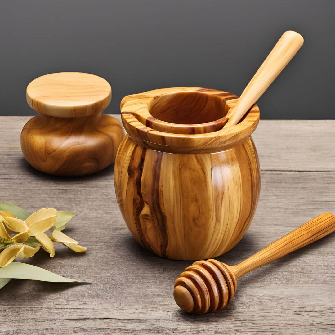 Close-up image of an Olivewood Honey Pot with Dipper and Lid, showcasing natural wood grain and craftsmanship, ideal for stylish and functional kitchen decor