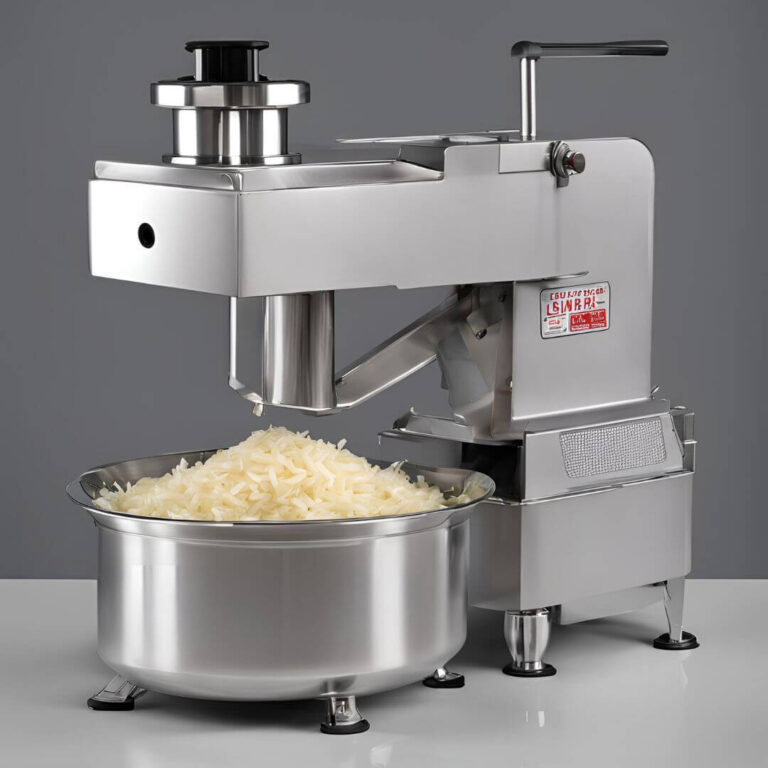 Stainless steel blades of an onion chopper machine in action, slicing onions into uniform pieces