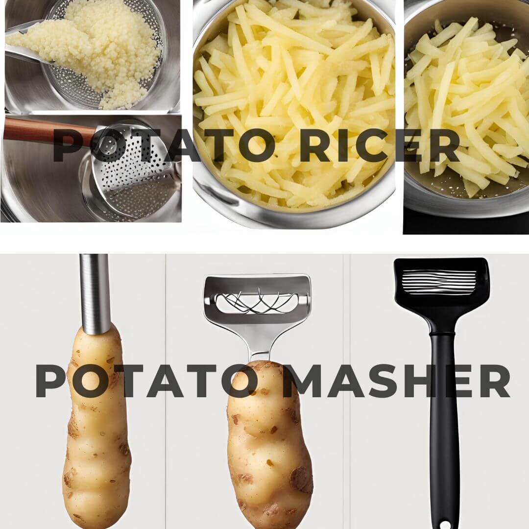 Masher vs. ricer comparison: Two kitchen tools side by side, one a traditional potato masher and the other a sleek potato ricer