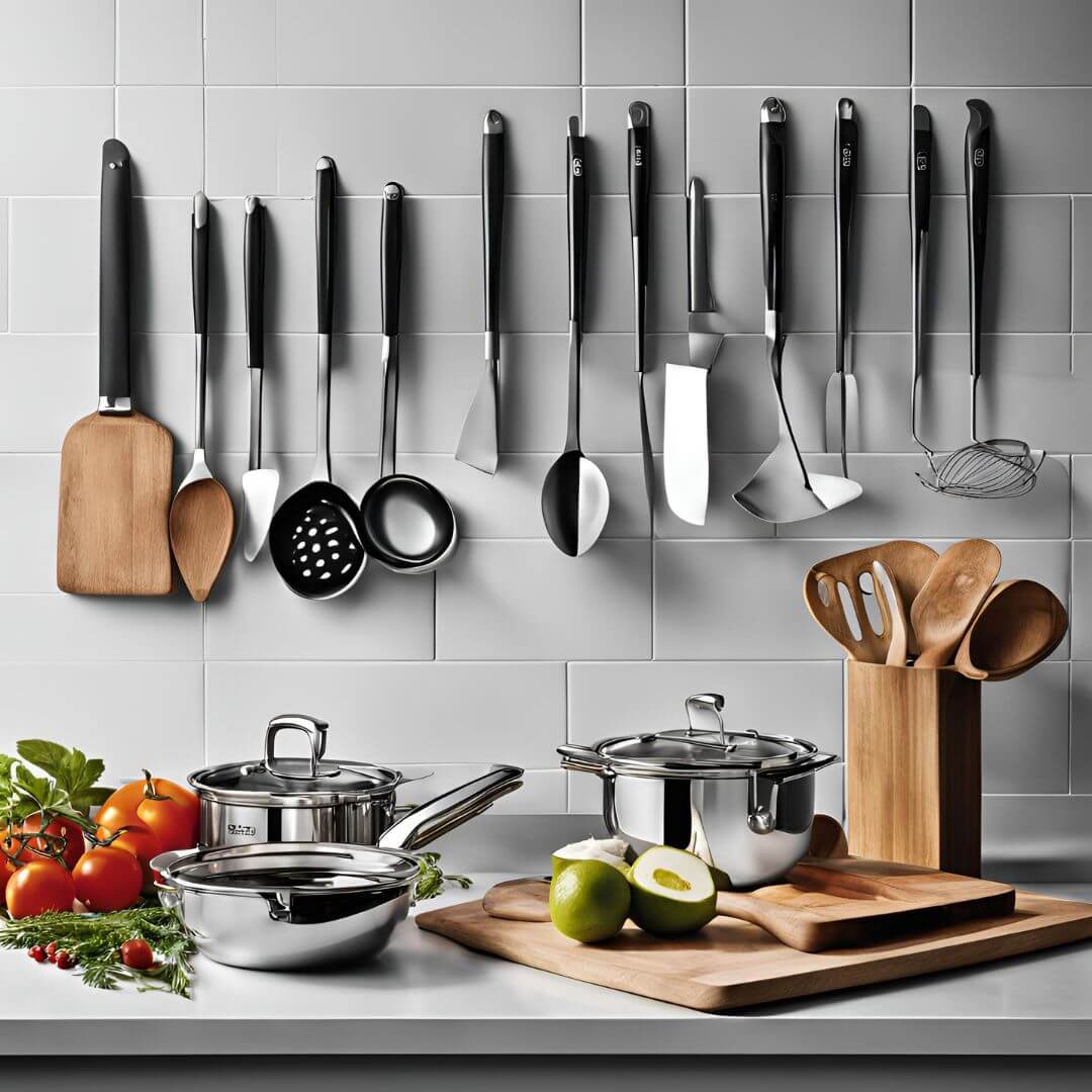 Rosle kitchen tools assortment featuring stainless steel utensils, knives, measuring cups, and mixing bowls