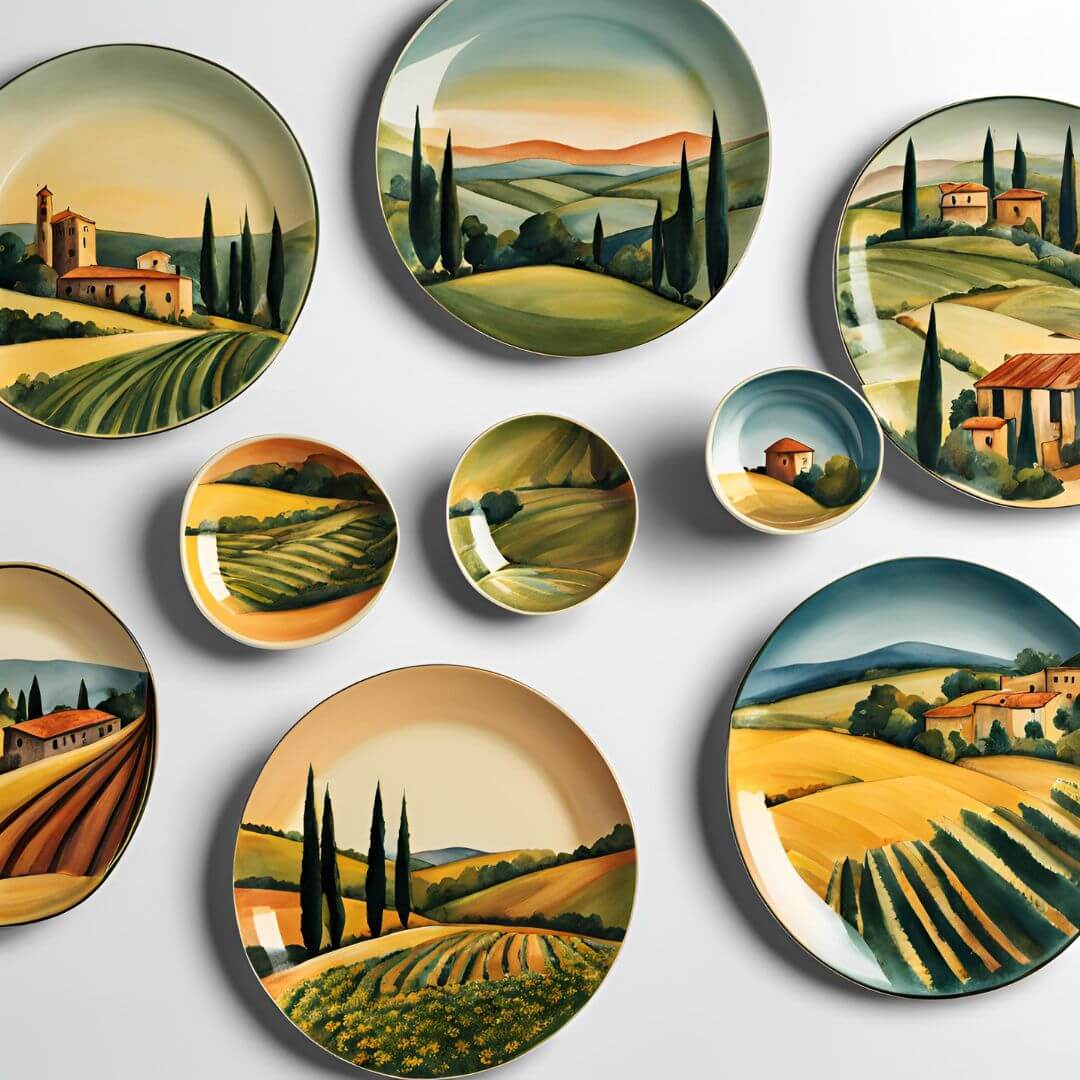 An array of Tuscany Plates showcasing vibrant colors and intricate designs, adding elegance to any dining setting