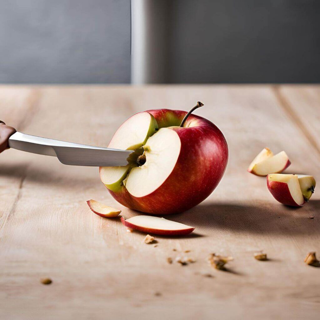 Image demonstrating apple coring technique using a knife on a cutting board