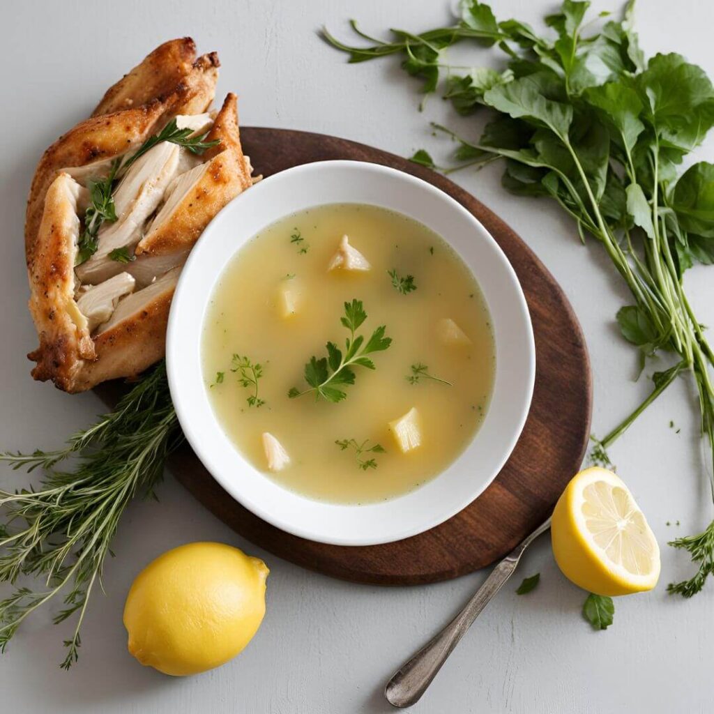 Image of a bowl of chicken and lemon soup, featuring tender chicken pieces, slices of lemon, and herbs in a light, flavorful broth.