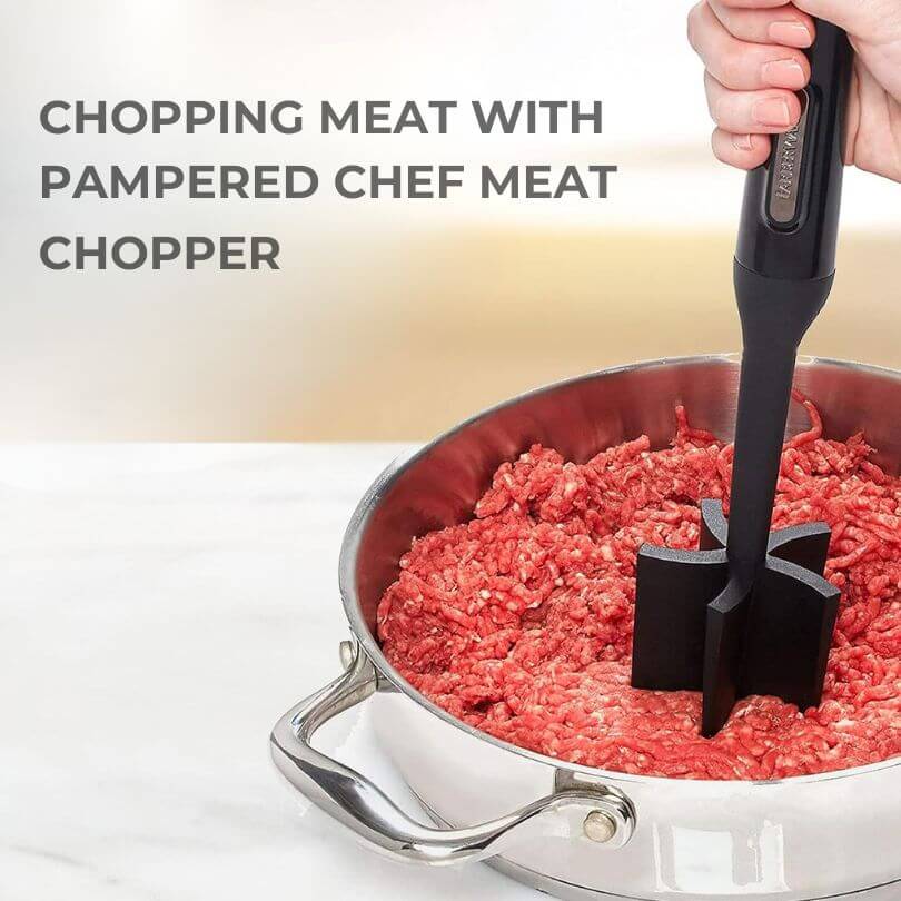 Close-up of chopping meat with a kitchen chopper, showing the process of cutting through meat with ease