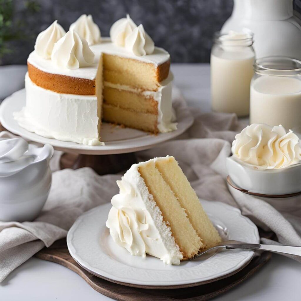 A freshly baked classic vanilla cake on a white plate