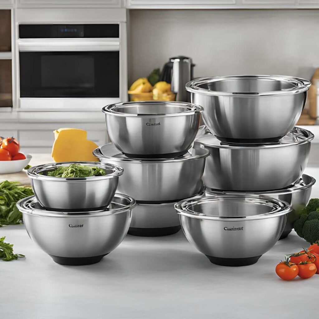 Cuisinart stainless steel mixing bowls with lids in various sizes arranged together