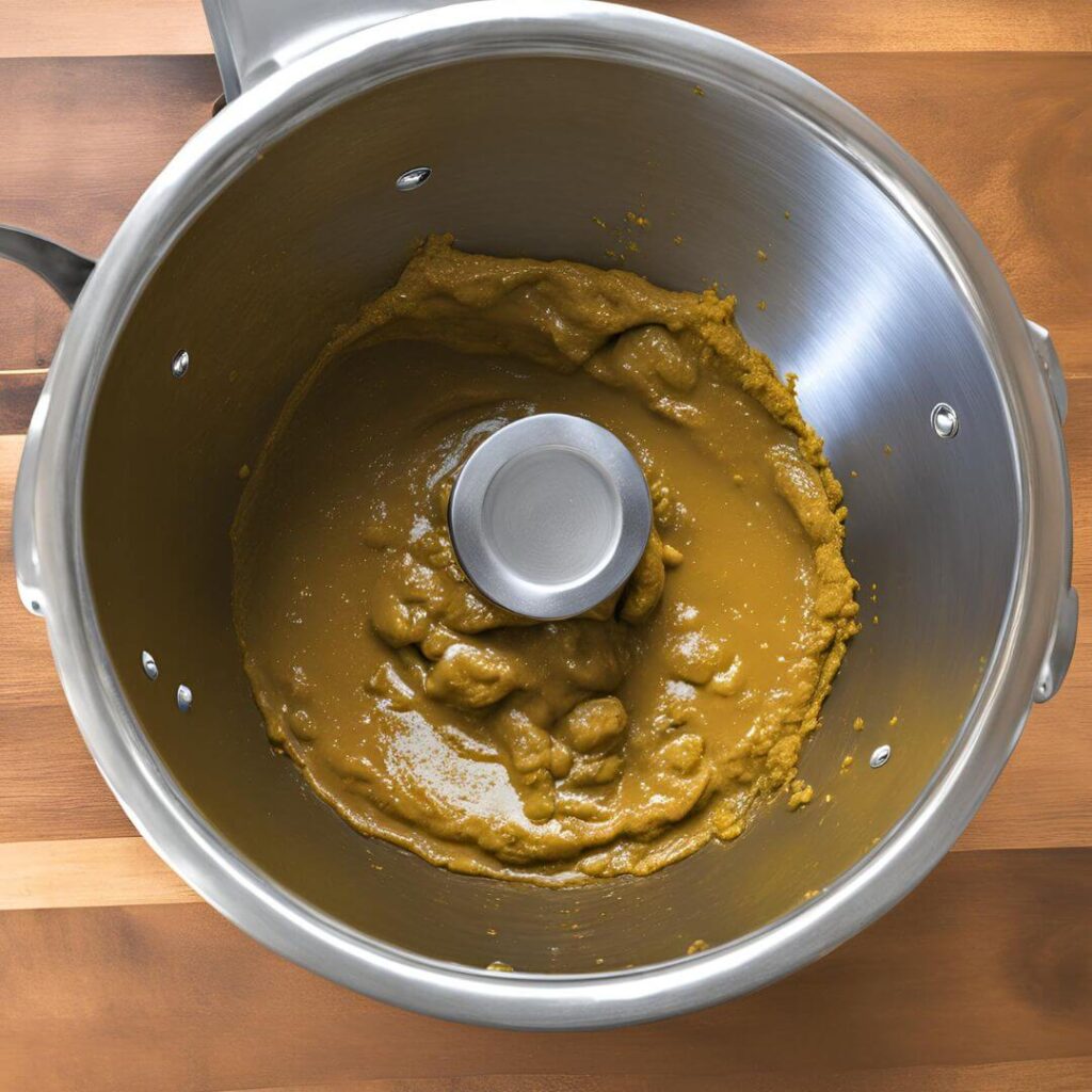 Curry paste being mixed in a KitchenAid mixer bowl, showing a rich, vibrant color and a thick, textured consistency