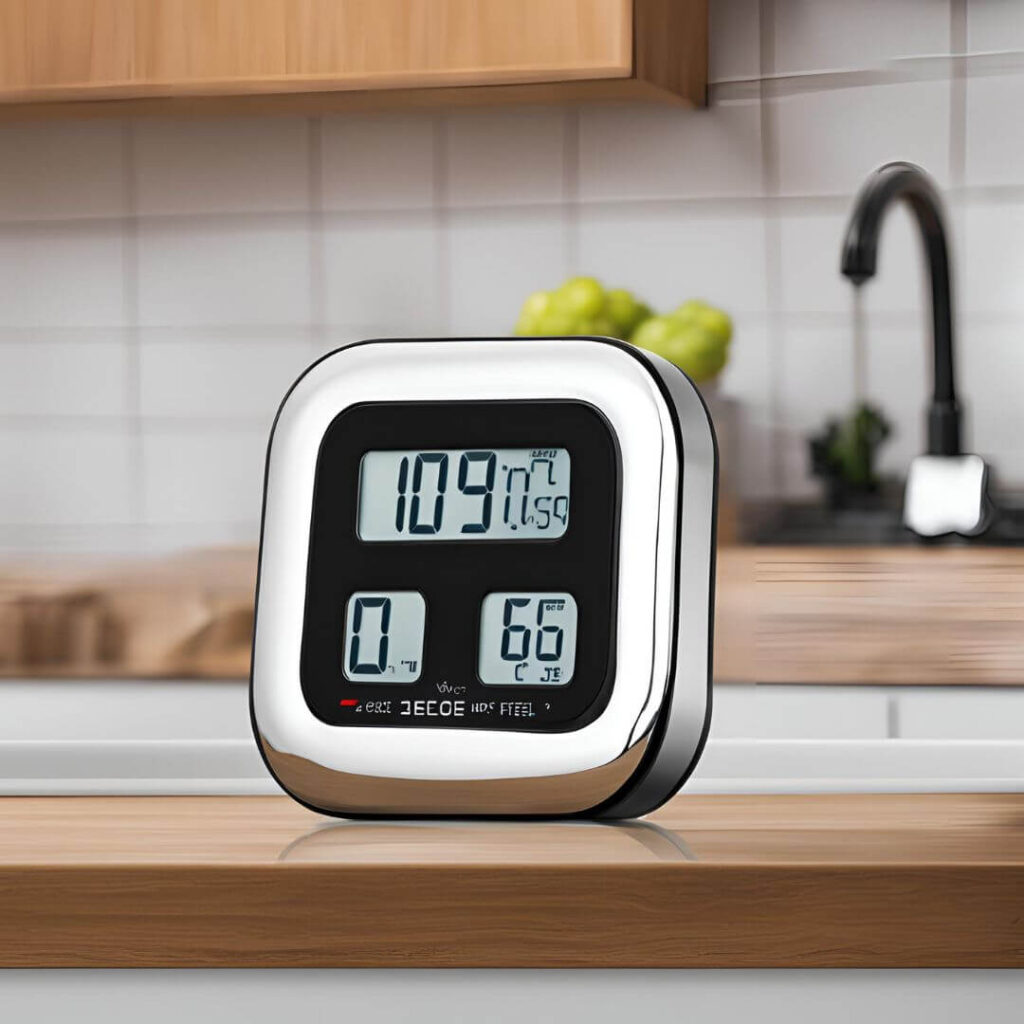 A digital timer attached to a kitchen sink, displaying water usage in real-time, with a sleek screen and user-friendly interface, helping to monitor and conserve water consumption