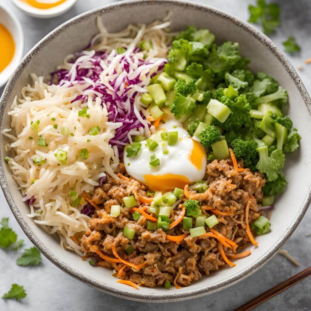 Flavor enhancements for Egg Roll In A Bowl, featuring small bowls of soy sauce, hoisin sauce, rice vinegar, minced garlic, grated ginger, red pepper flakes, and sesame oil, arranged neatly on a kitchen countertop