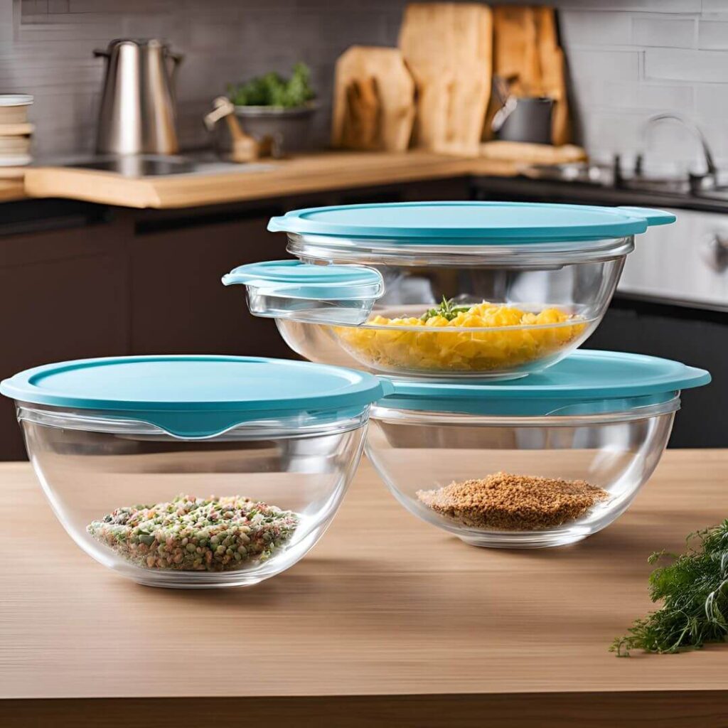 Glass mixing bowls with lids in various sizes neatly stacked