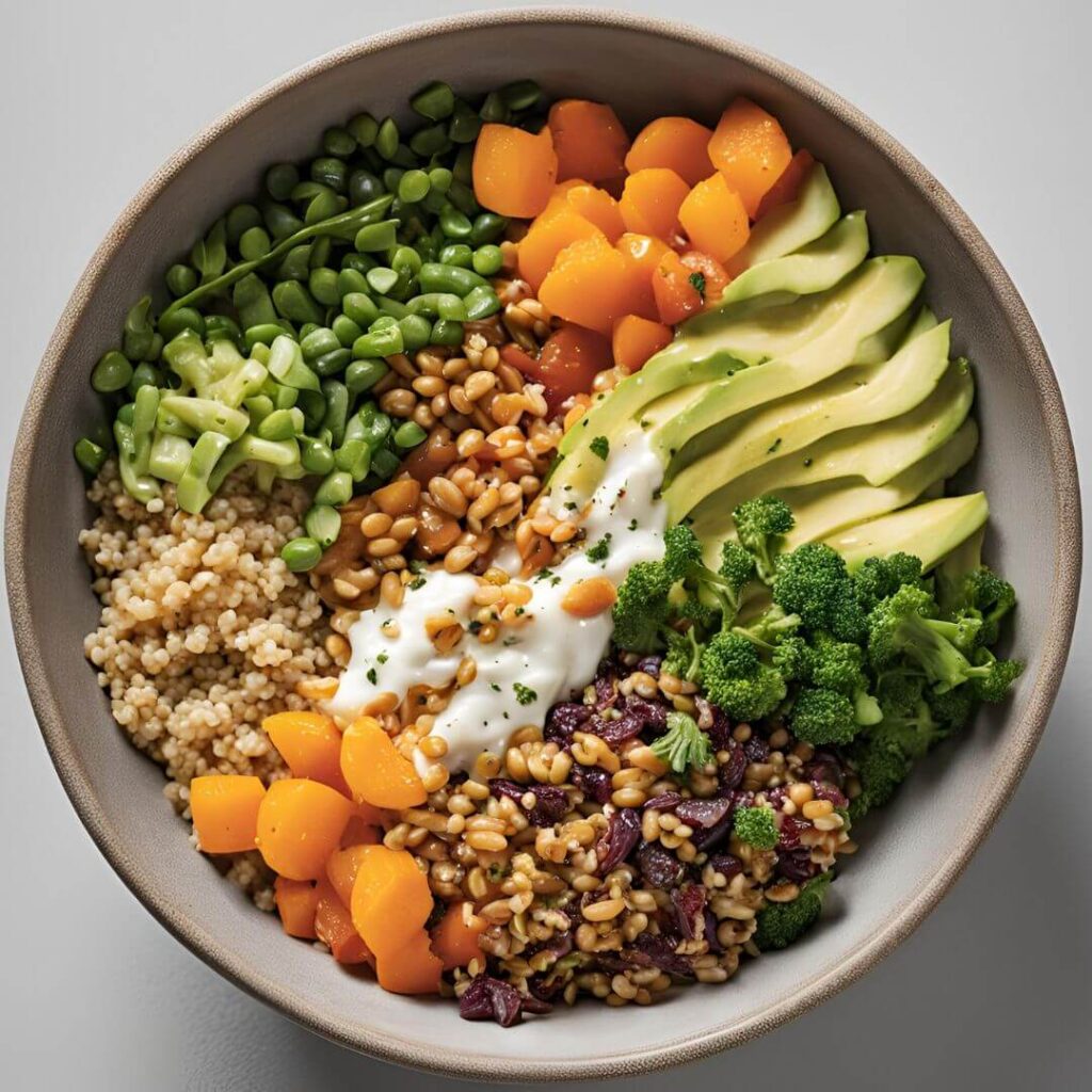 A colorful grain bowl featuring a base of cooked grains, such as quinoa or brown rice, topped with an assortment of fresh vegetables, beans, avocado, and a drizzle of dressing