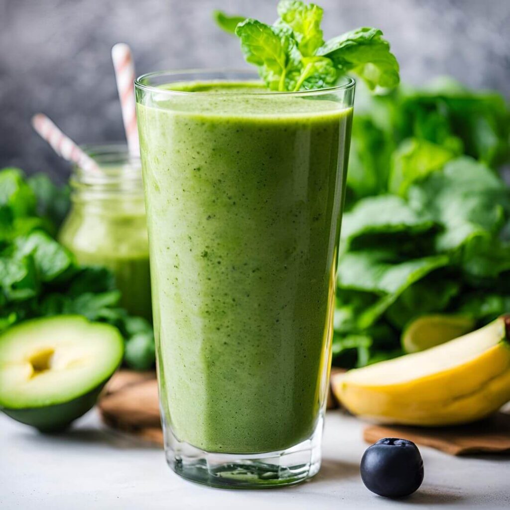 A refreshing green detox smoothie in a glass, featuring a vibrant green color with visible chunks of fresh spinach, kale, and cucumber, garnished with a slice of lime