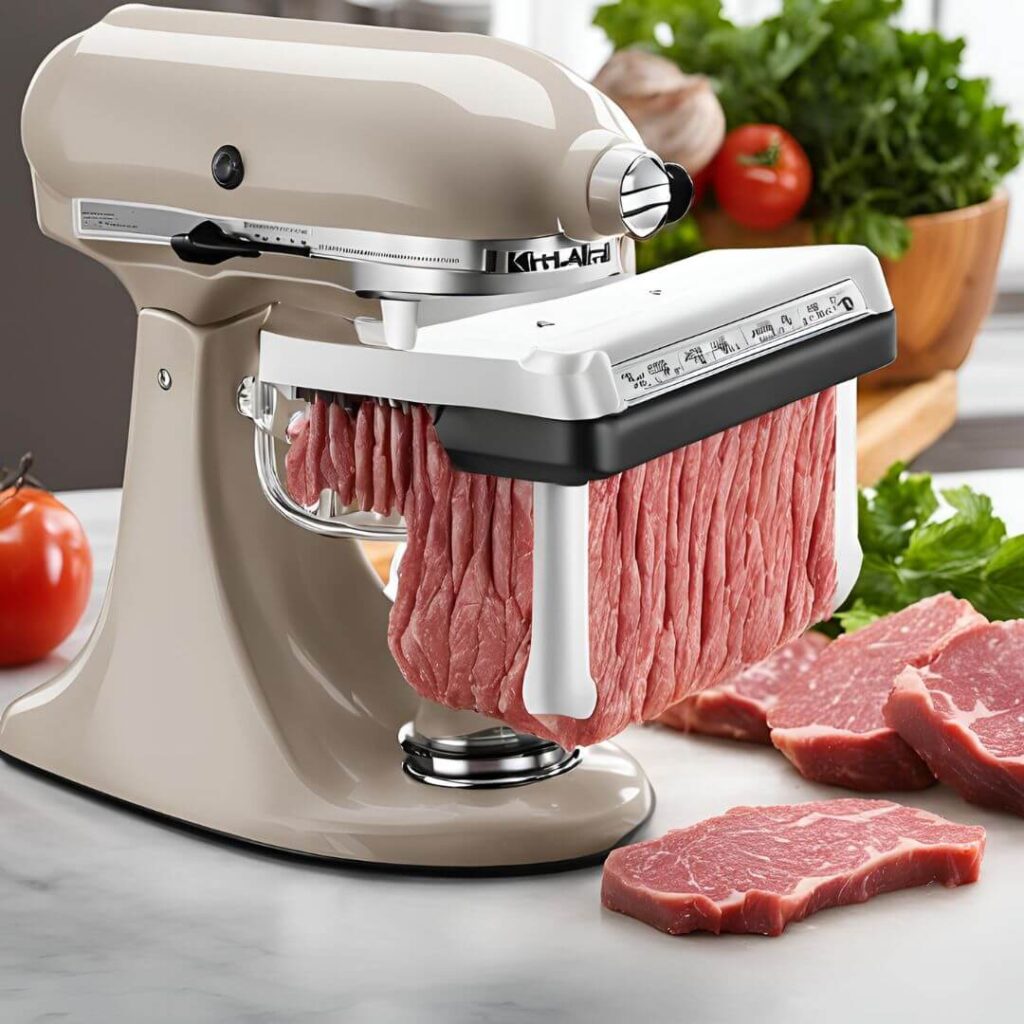 Step-by-step guide on using the KitchenAid meat tenderizer attachment, from attaching it to the mixer to tenderizing a piece of meat