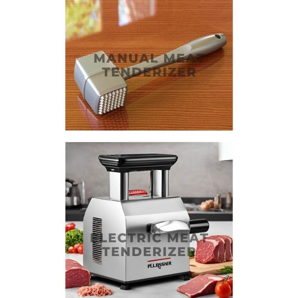 Comparison of manual and electric meat tenderizers: a hand-operated tenderizer beside an electric tenderizer, both with pieces of tenderized meat