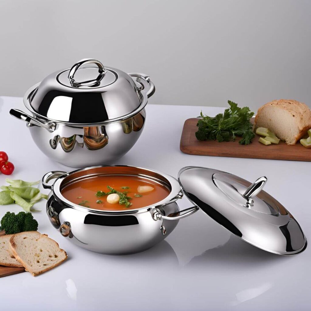 Image of a modern stainless steel soup tureen with a sleek ladle, ideal for keeping soup hot and stylishly served.