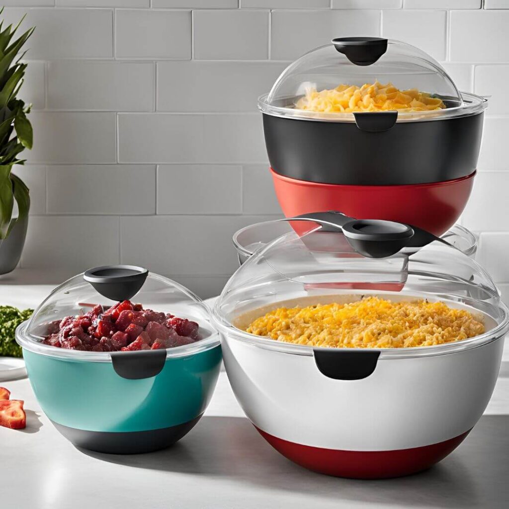 Oxo Good Grips mixing bowls with lids in a variety of sizes arranged together