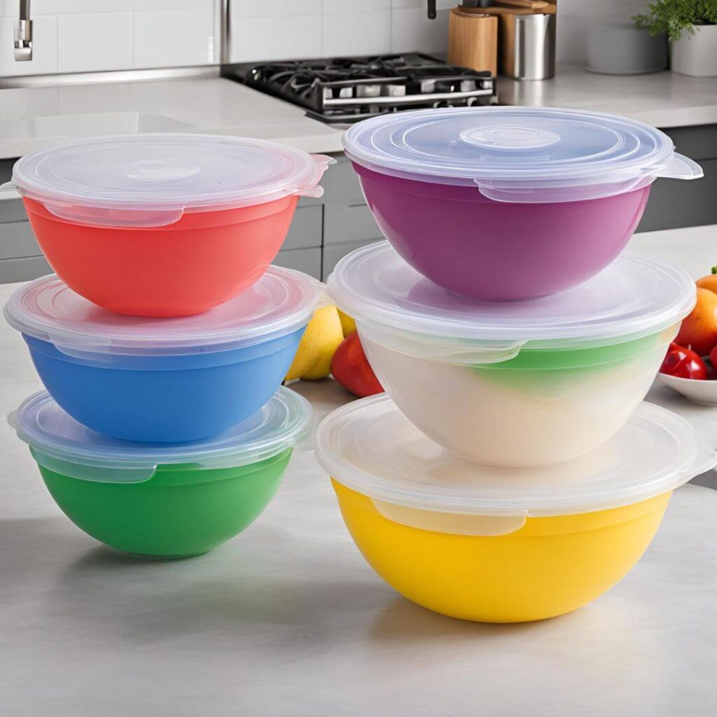 Plastic mixing bowls with lids in various sizes stacked neatly