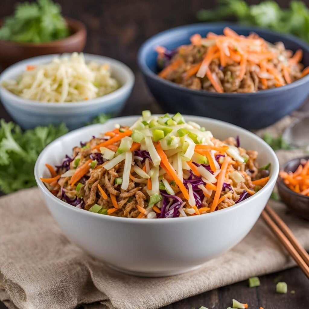 Preparation for Egg Roll In A Bowl showing a cutting board with chopped green onions, shredded cabbage, and carrots, along with bowls of ground meat, soy sauce, ginger, garlic, and other seasonings, all ready to be cooked