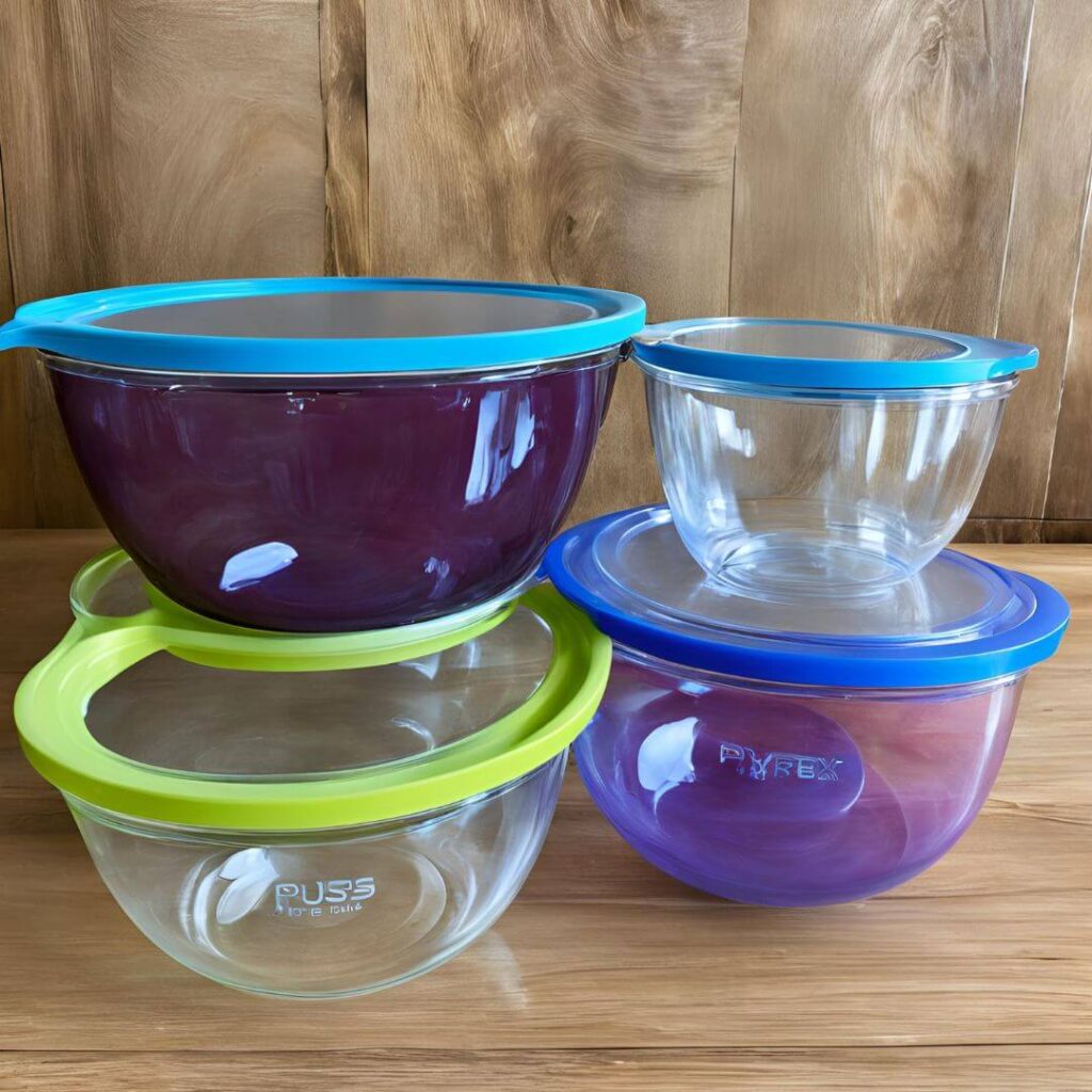 Pyrex glass mixing bowls with lids in different sizes arranged neatly