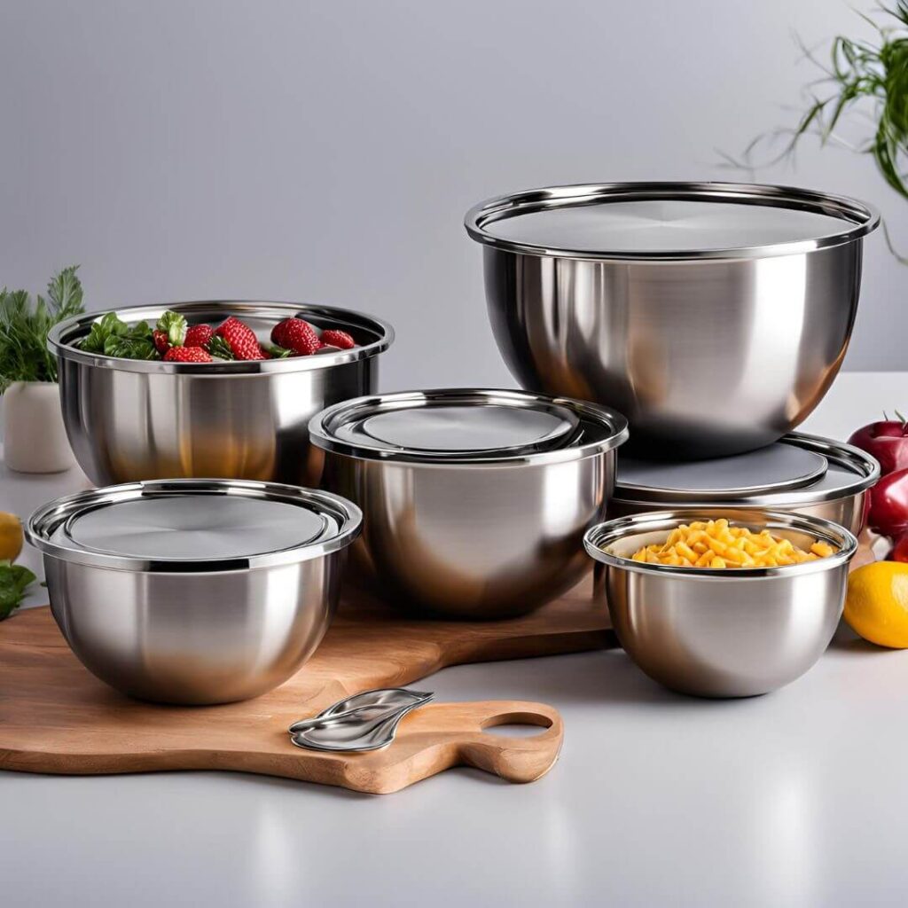 Stainless steel mixing bowls with lids in different sizes arranged together