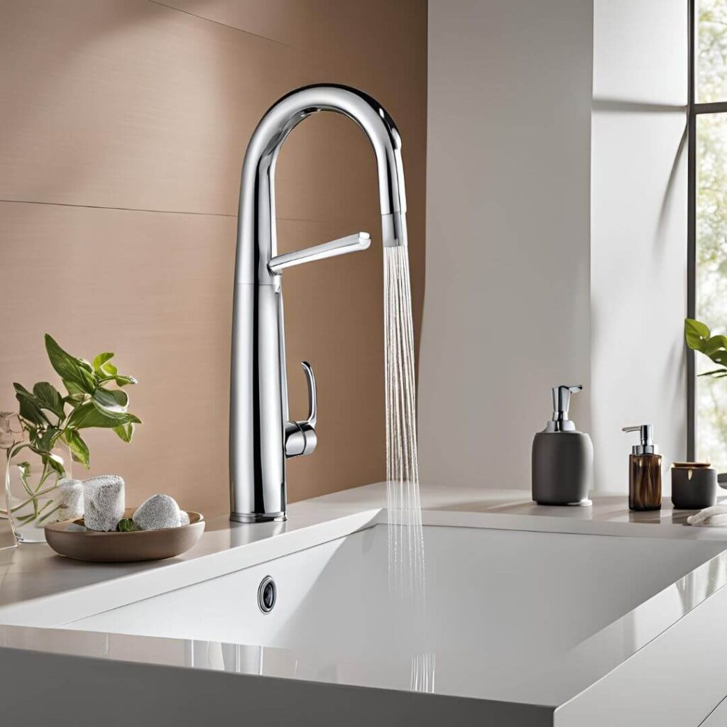 A sleek touchless kitchen faucet with a modern design, featuring a stainless steel finish and a motion sensor for hands-free operation, installed over a clean, contemporary sink.