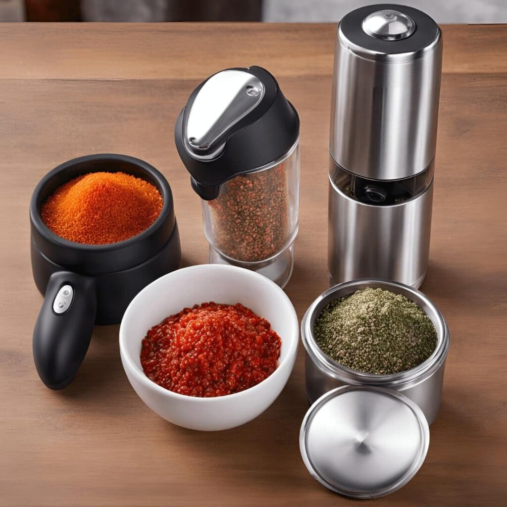 Selection of top-rated pepper and salt grinders on a kitchen counter