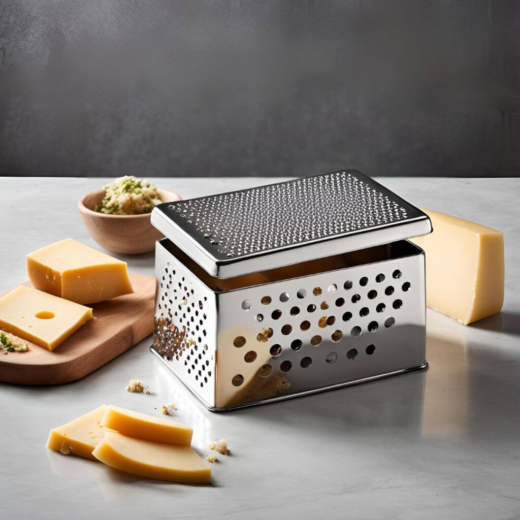 A metal box cheese grater with a sturdy handle on top, featuring four sides with different grating surfaces for various shredding options