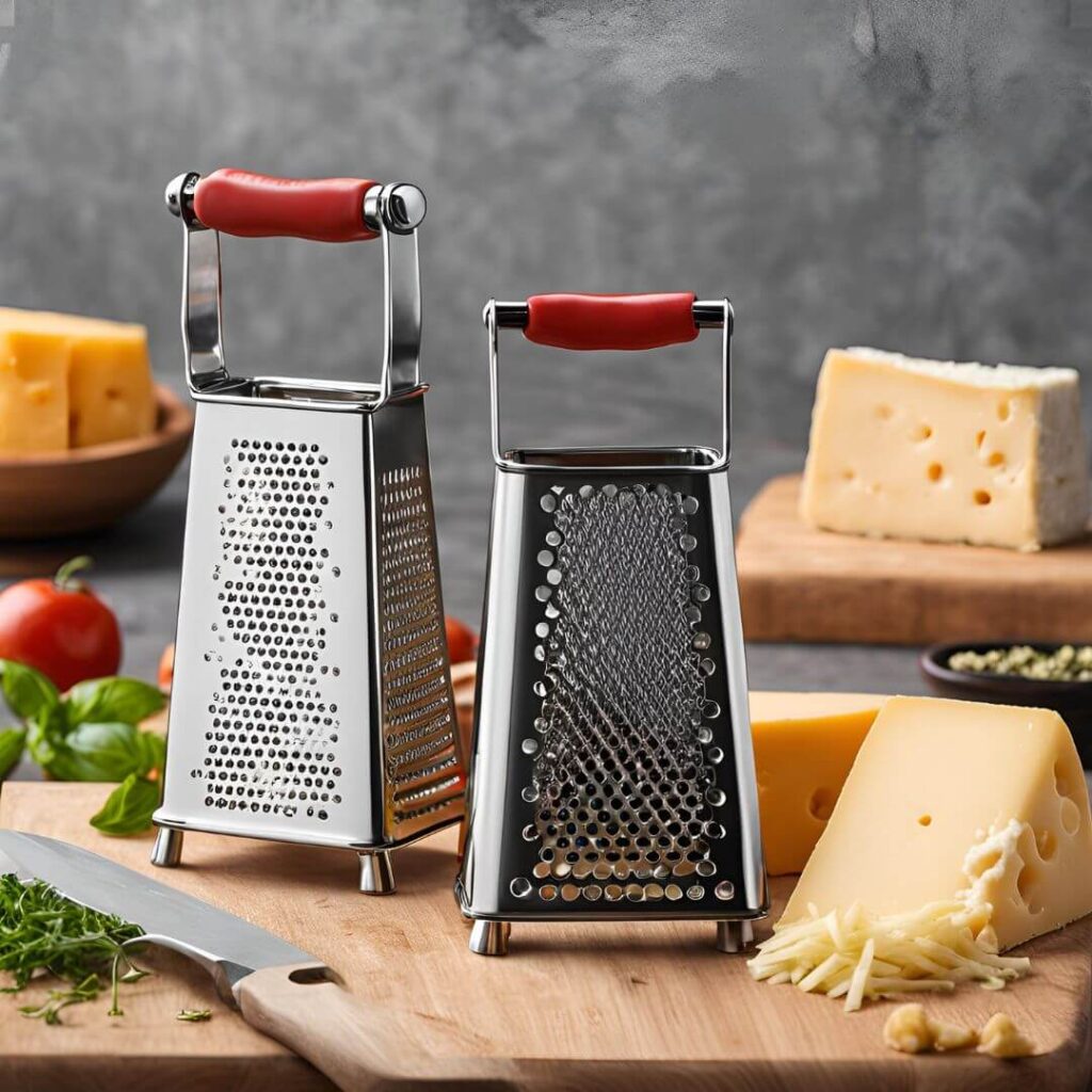 A stainless steel best grater for cheese with a red handle, featuring multiple grating surfaces for fine and coarse shredding